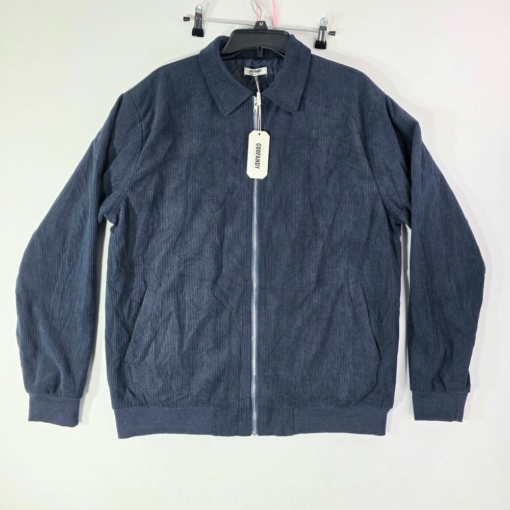 NEW Coofandy Mens Corduroy Harrington Jacket Navy Blue Full Zip Bomber LARGE